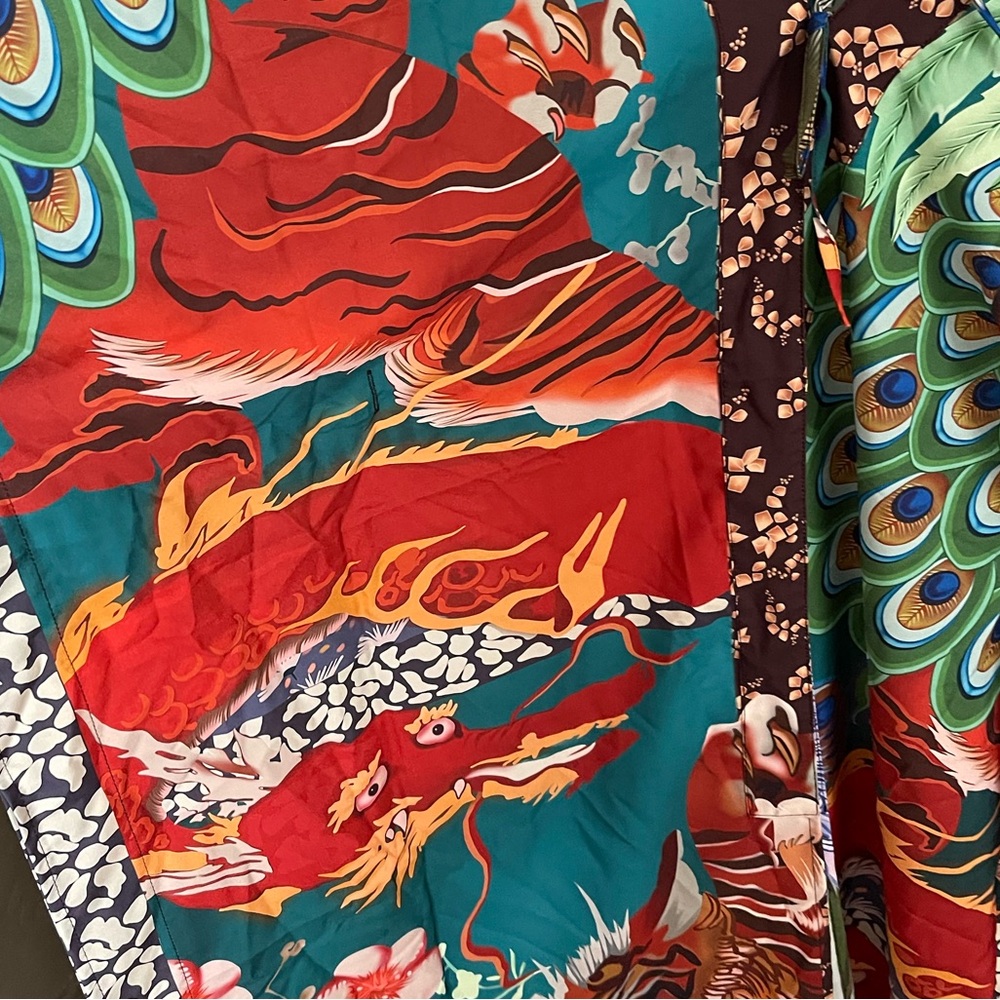 Green Floral & Dragon Print Satin Maxi Kimono Dress - Picture 7 of 7